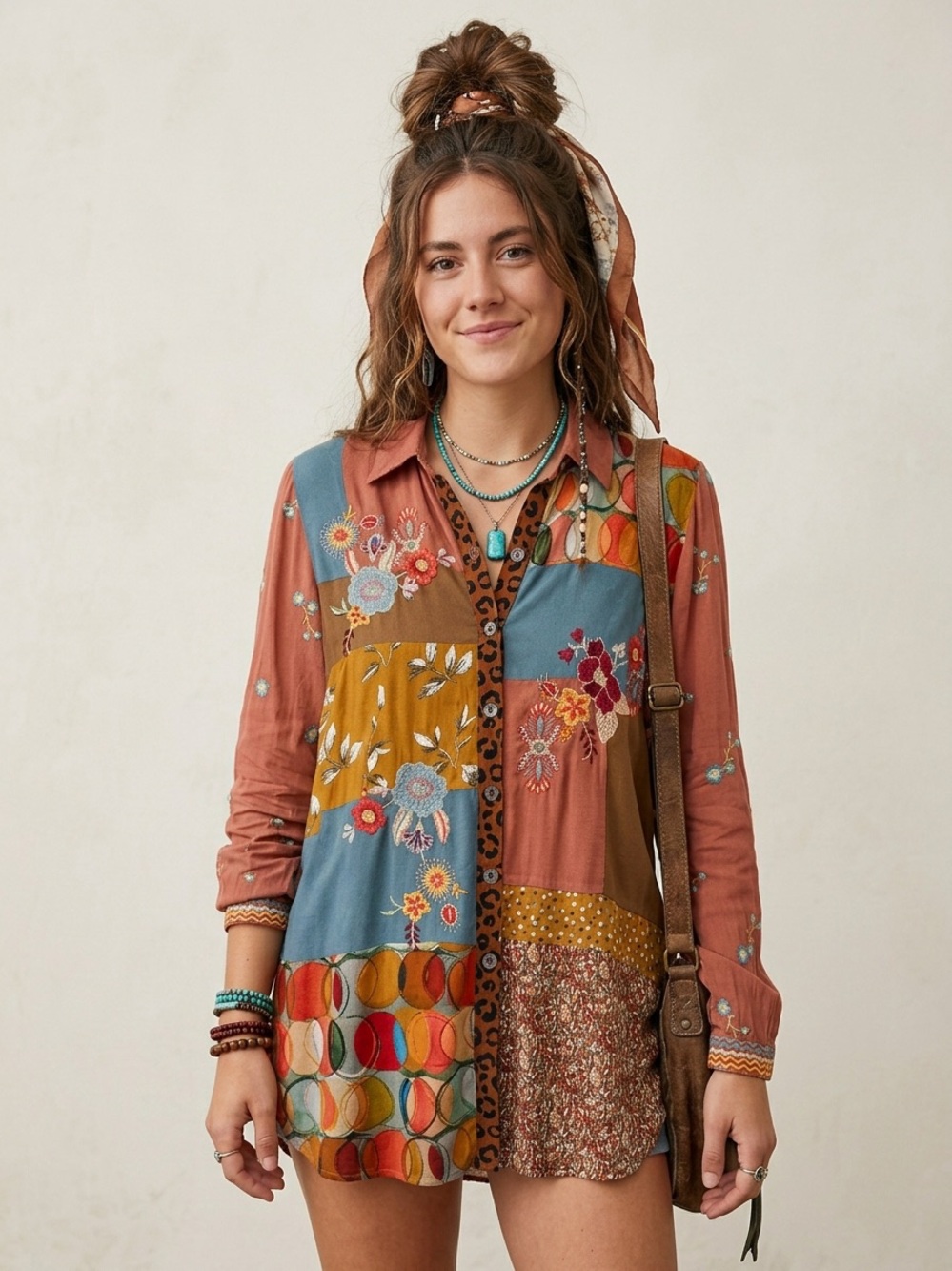 John Mark Patchwork Floral Button-Down Shirt in Rust, Mustard & Blue